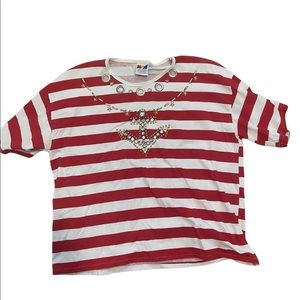 Vintage Focus Red and White Striped T-Shirt with Jewelled Necklace Design